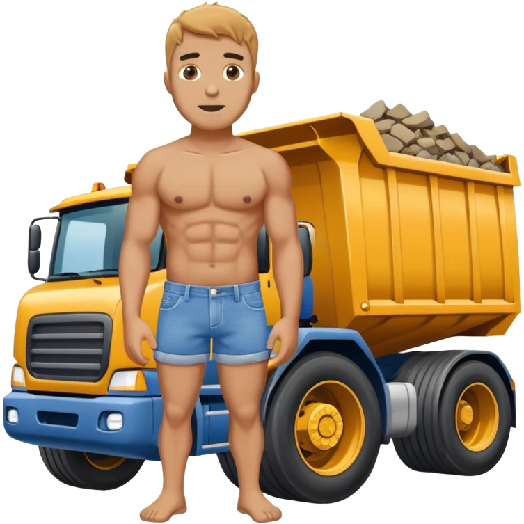 Man in denim Speedo standing in front of a dump truck  emoji