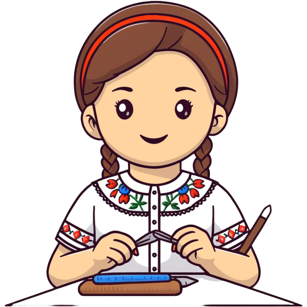 Ukrainian young girl wearing a white traditional embroidered shirt (vyshyvanka) smiling and holding sewing tools emoji