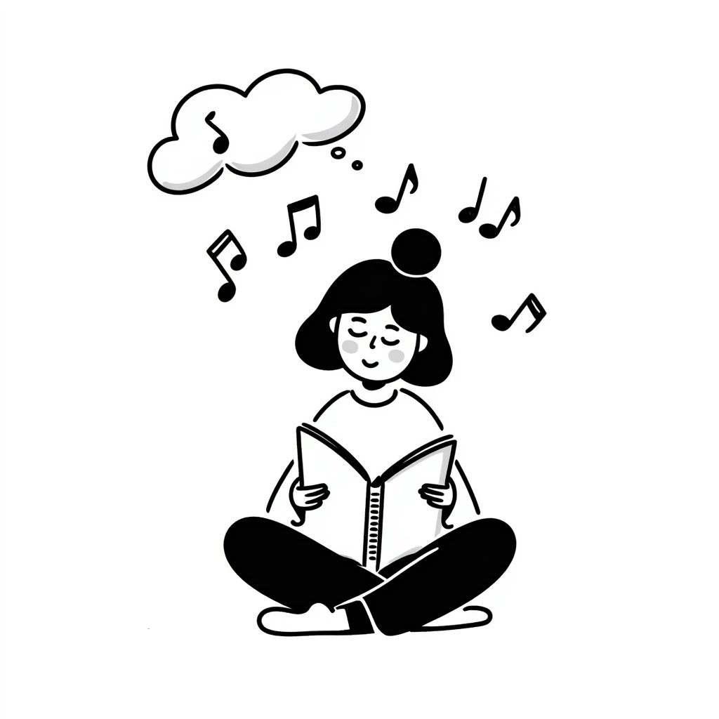 Girl sitting cross-legged reading notes in a spiral notebook emoji