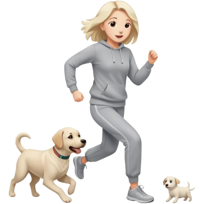 A beautiful girl with fair skin wearing a gray sweatshirt and sweatpants happily chasing a white Labrador emoji