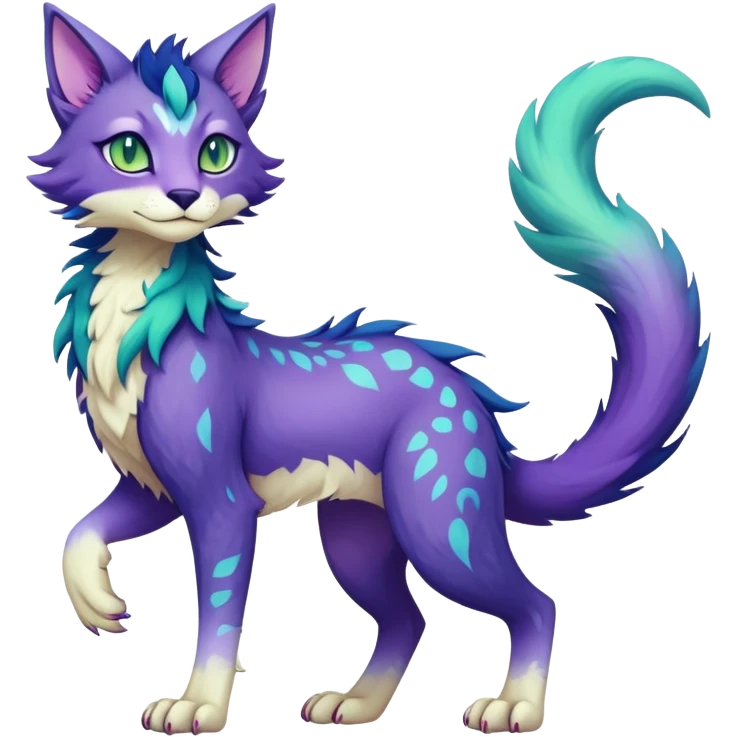 Kawaii dark blue indigo cyan purple violet pink beige white fantasy ethereal feline-vernid-sergal-fursona animal creature with a tufted tail full body with intricate markings, hazel-gold-green eyes emoji