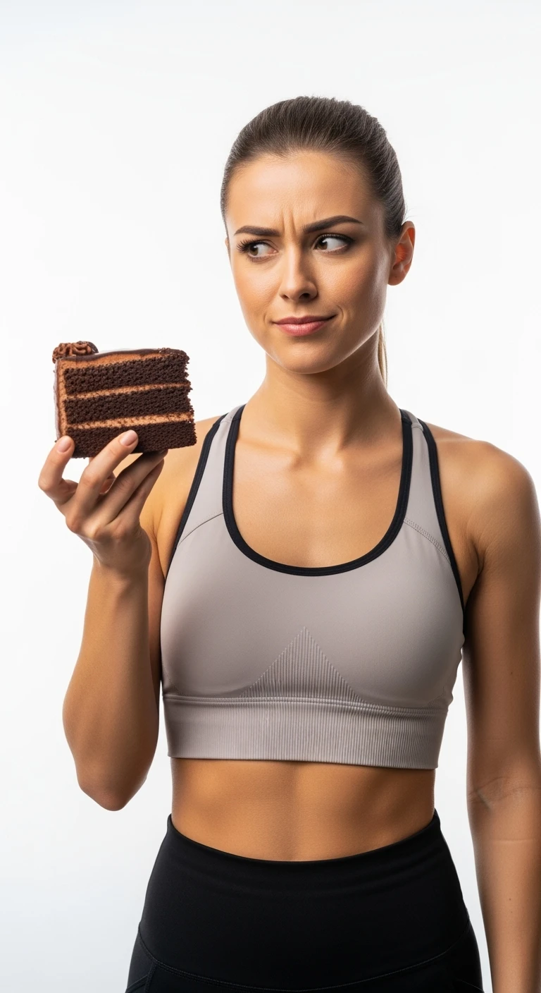 donna fitness con una fetta di torta in mano ed espressione dubbiosa, sfondo bianco emoji