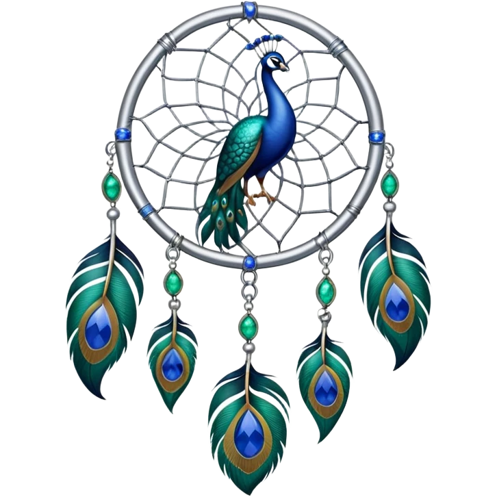 a Silver Dreamcatcher with sapphire-stones and emerald-stones, and with peacock-feathers. Big emerald emoji