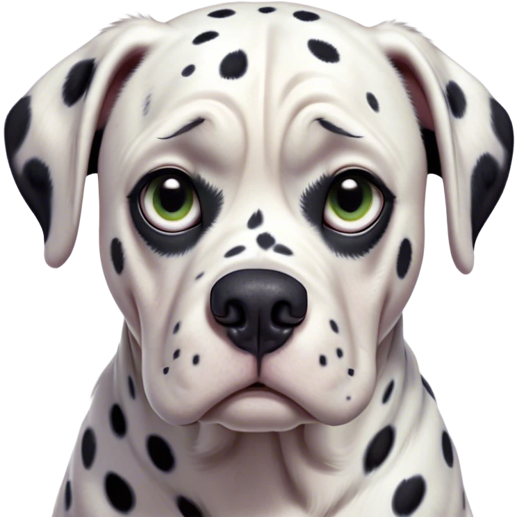 Cinematic Grumpy Dalmatian Portrait Emoji, Head tilted slightly with a deeply unimpressed expression, featuring a glossy white coat with prominent black spots and a furrowed brow, large, droopy dark eyes narrowed into an unamused glare, ears slightly drooping in exasperation, Simplified yet comically expressive features, highly detailed, glowing with a dry, sarcastic glow, high shine, effortlessly judgmental yet dignified, stylized with a touch of cynicism, bright but brooding, soft glowing outline, capturing the essence of an eternally unimpressed yet endearing companion, so lifelike it feels like it could sigh heavily at you in disdain at any moment! emoji