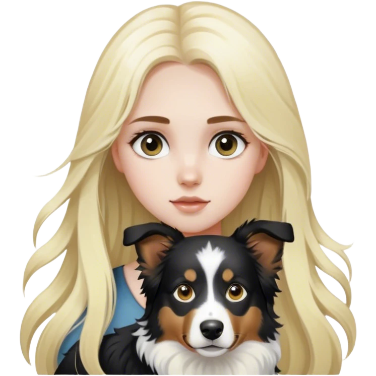 pale girl with light eyes and long blonde hair and black white Australian shepherd. emoji