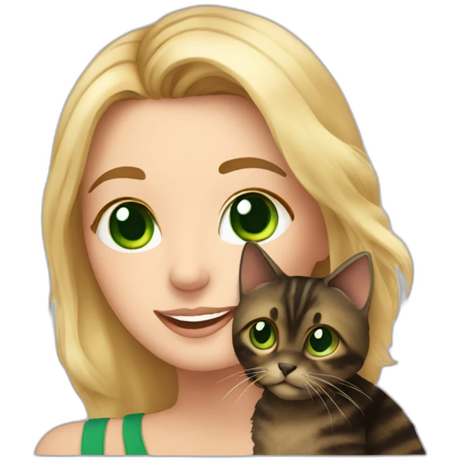 Blonde woman with green eyes holding a fluffy tortoiseshell cat emoji