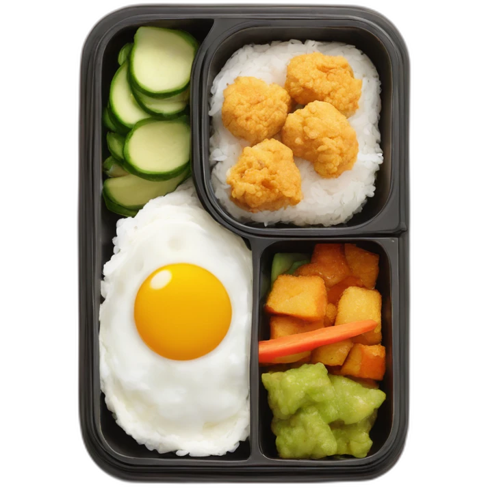bento with oval container, white rice on the right, karaage, japanese egg omelet, and veggies on the left emoji