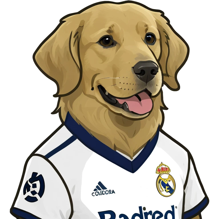 Super white golden retriever playing soccer with real madrid jersey emoji