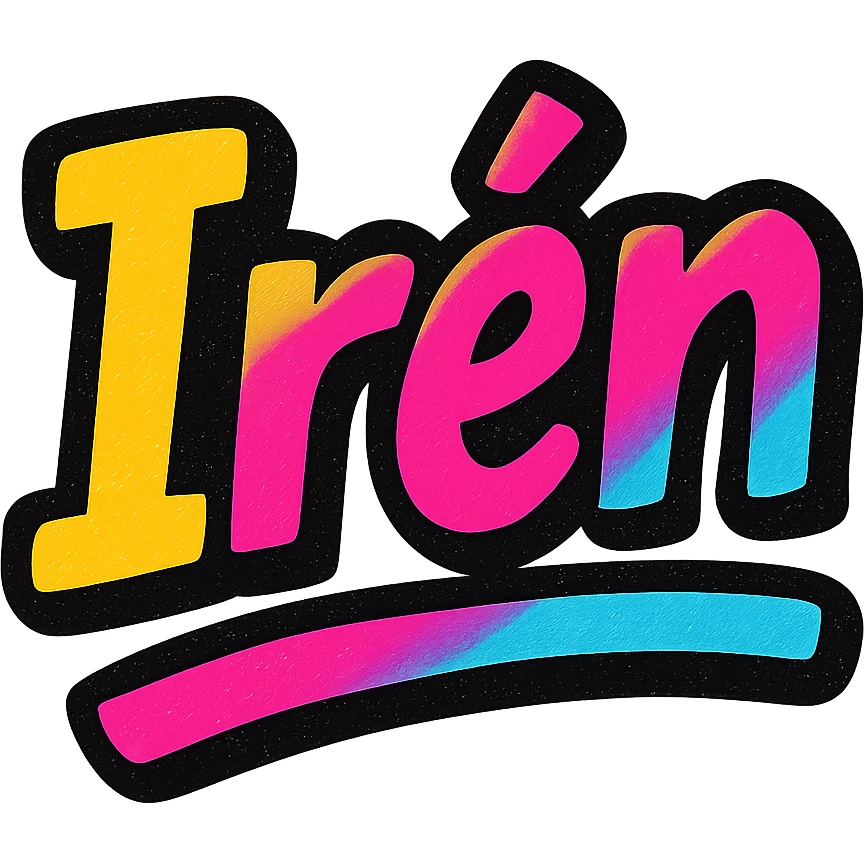 Irén name in modern colorful gradient font with dark outline, dynamic slanted or partial underline, in the style of reference patterns emoji