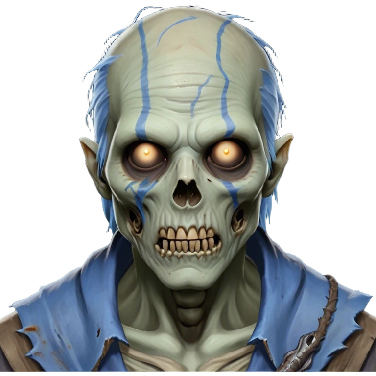 Cinematic Realistic WoW undead friendly zombie Portrait, depicted with decayed yet noble features, his weathered, pallid skin etched with ghostly blue veins and ancient scars. Clad in modest, tattered attire in muted browns and greys that remain consistently rugged, his hollow eyes burn with determined defiance. Rendered with lifelike texture and dramatic natural lighting, high shine, noble and resilient, capturing the stoic spirit of an undead veteran of Azeroth. emoji
