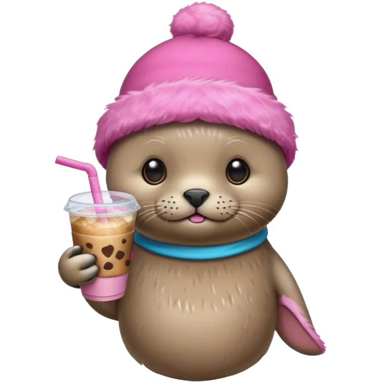 Seal wearing pink holding iced coffee emoji