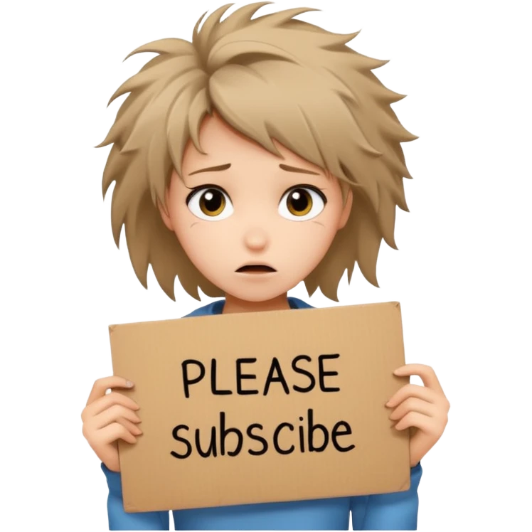 Sad realistic emoji of a young woman with messy hair, holding a cardboard sign that says "PLEASE SUBSCRIBE", emotional begging expression, cinematic lighting, shallow depth of field, soft blurred background, high detail, viral social media style emoji