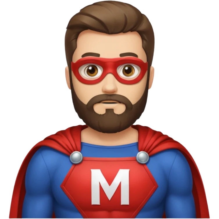 бородатый мужчина в костюме супер героя с буквой М на груди emoji