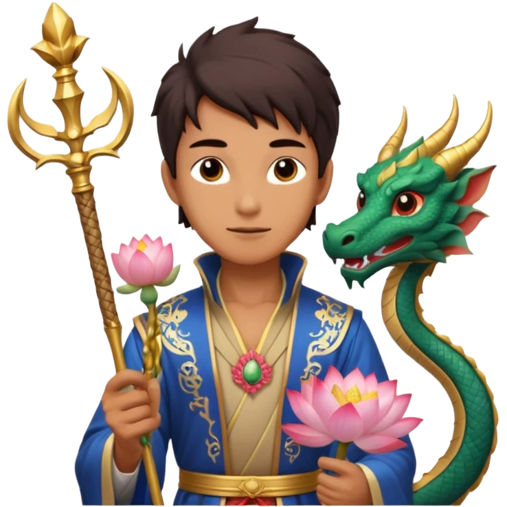 man with asian dragon, scepter, buddhism, lotus emoji