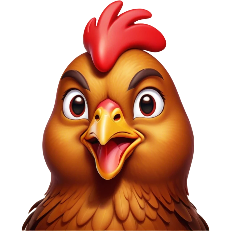 Cinematic Comical Brown Chicken Portrait Emoji, Head tilted dramatically with an exaggeratedly amused expression, featuring a striking, glossy brown plumage with a vibrant red comb, wide, expressive beady eyes filled with playful disbelief, Simplified yet hilariously expressive features, highly detailed, glowing with a slightly sassy glow, high shine, dramatic yet playful, stylized with an air of cheeky mischief, bright and endearing, soft glowing outline, capturing the essence of a spirited and over-the-top chicken, so meme-worthy it feels like it could cluck its way into internet fame instantly! emoji