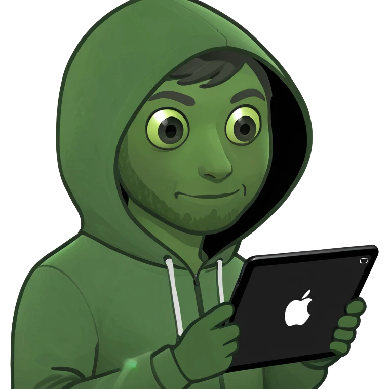 a man in a hoodie, holding an iPad, memoji style, digital art emoji