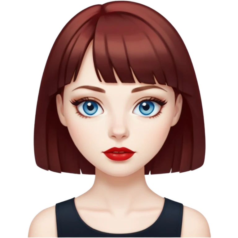 Woman in her early 50s with pale skin, wider face, blue eyes with eyeliner, thin eyebrows, red lipstick, dark auburn hair with bangs, wearing a black top emoji