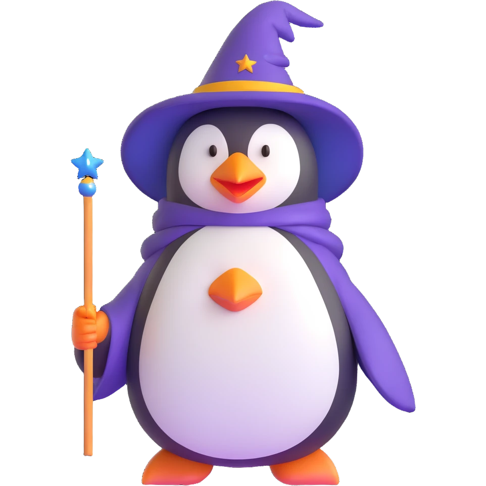 penguin wearing wizard hat and robe holding a magic wand emoji