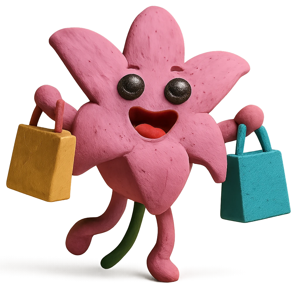 pastel magenta lily flower with sparkling eyes and open mouth, jumping with joy while holding shopping bags, round and bouncy, claymation style emoji