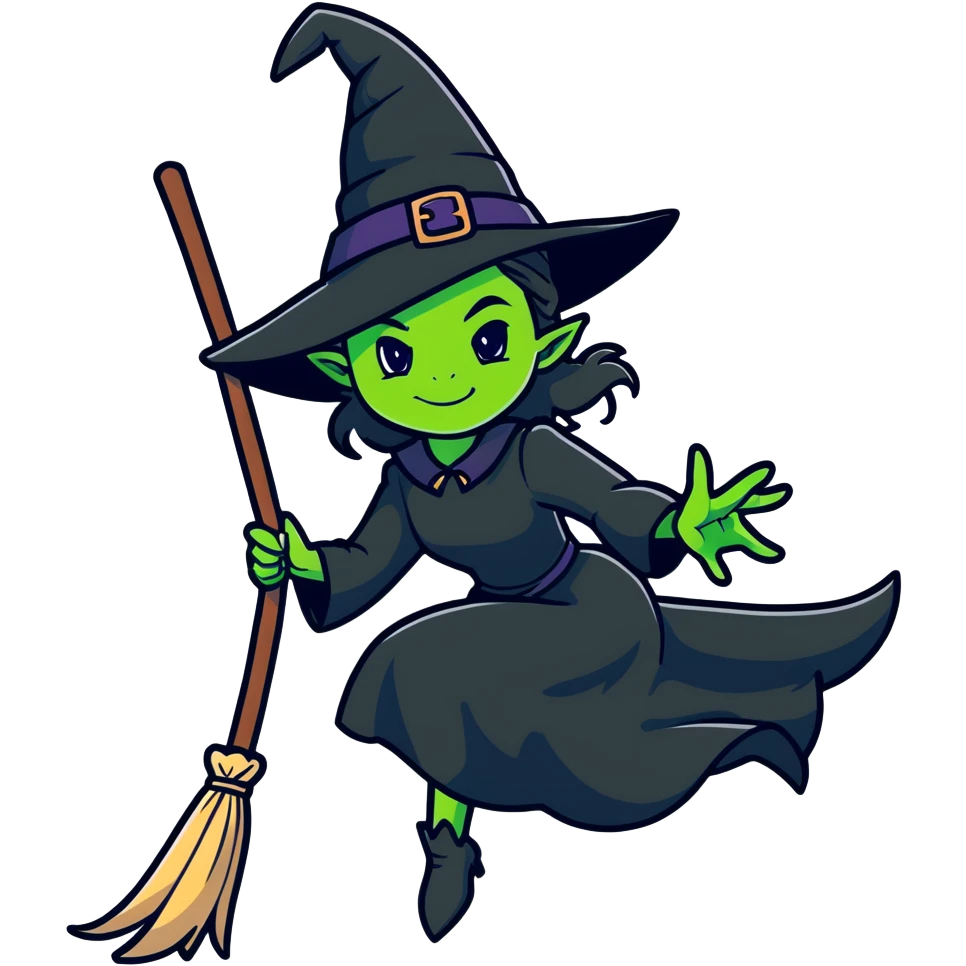 Elphaba, green-skinned witch with black hat and long black dress riding a broomstick emoji