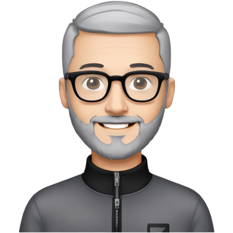 Man with light skin, black hair in near-buzz cut style (very minimal length), short peppered gray beard, large black-framed glasses, smiling face, black zip-neck long sleeve shirt emoji