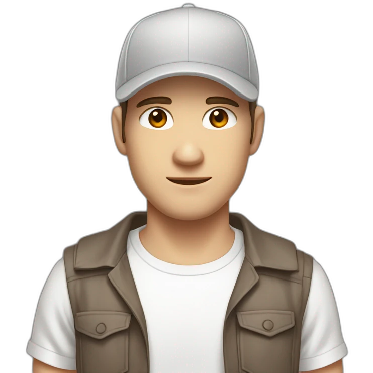 Pale skinned fit Man with dark brown hair in a light gray cap, dark brown jeans, brown polo and white T-shirt keeping a pasted with tape white box into his hands emoji