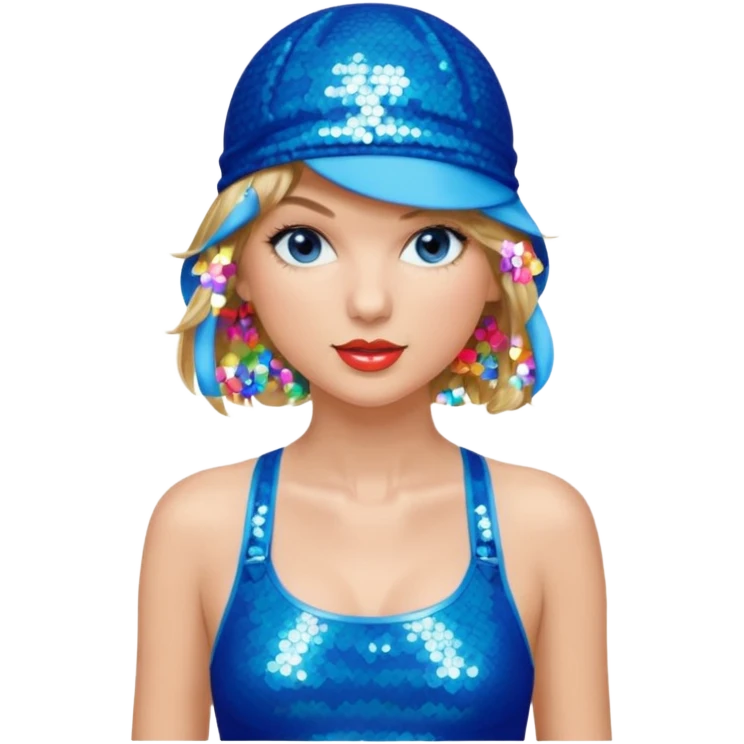 Taylor Swift wearing a one piece blue bathing suit with sparkly sequin straps. She is also wearing a sequin blue swim cap with a sequin strap going under her chin.  emoji