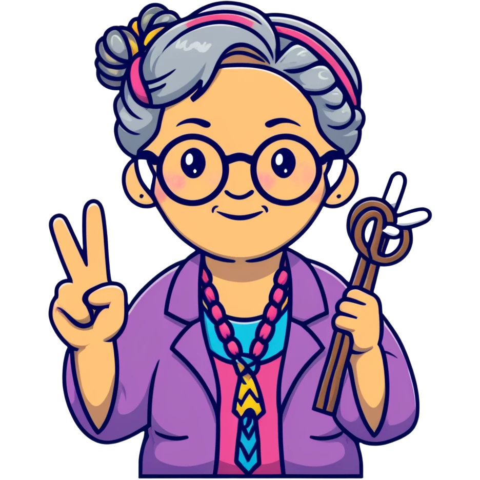 hippie grandma with round glasses, peace sign, tie-dye shirt, grey hair in braids emoji