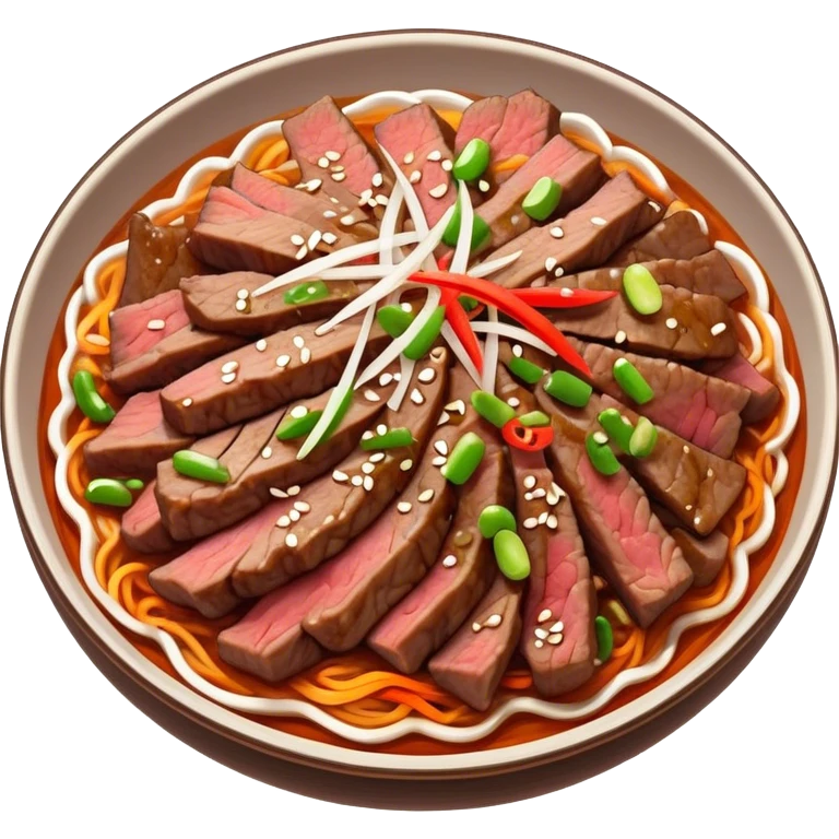 Bulgogi Cinematic Realistic Bulgogi Dish Emoji, depicted as thinly sliced, marinated beef stir-fried to perfection, rendered with dynamic textures and vibrant, appetizing lighting. emoji