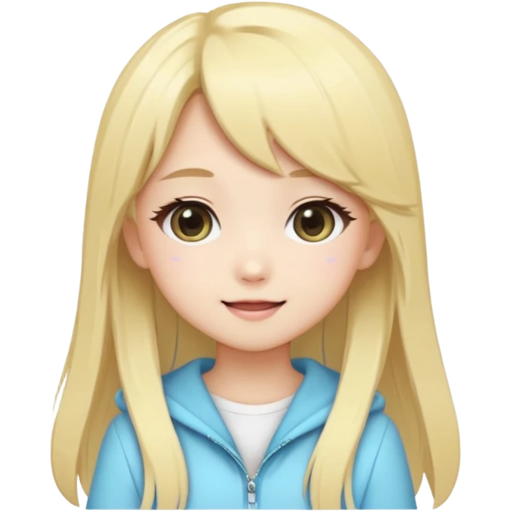 Cute kawaii emoji-style Japanese K-pop girl, blonde long hair , trendy K-pop outfit with Japanese cute fashion vibes, big sparkling eyes, chibi proportions, clean lineart, pastel colors, cheerful idol smile, sticker/emoji style, transparent background emoji