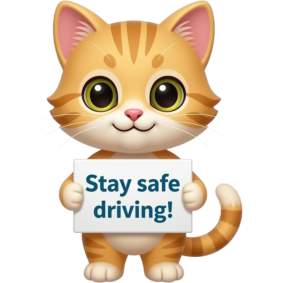 Cute Blonde kitten with a sign that says, Stay safe driving! emoji