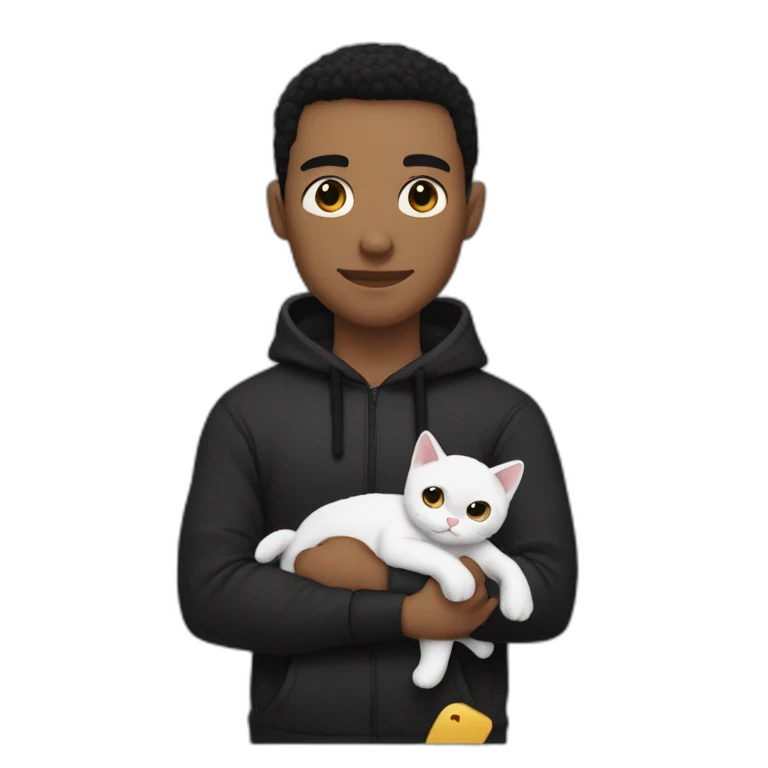 white man black hair, beany in tracksuit holdin black cat like a baby in arms emoji