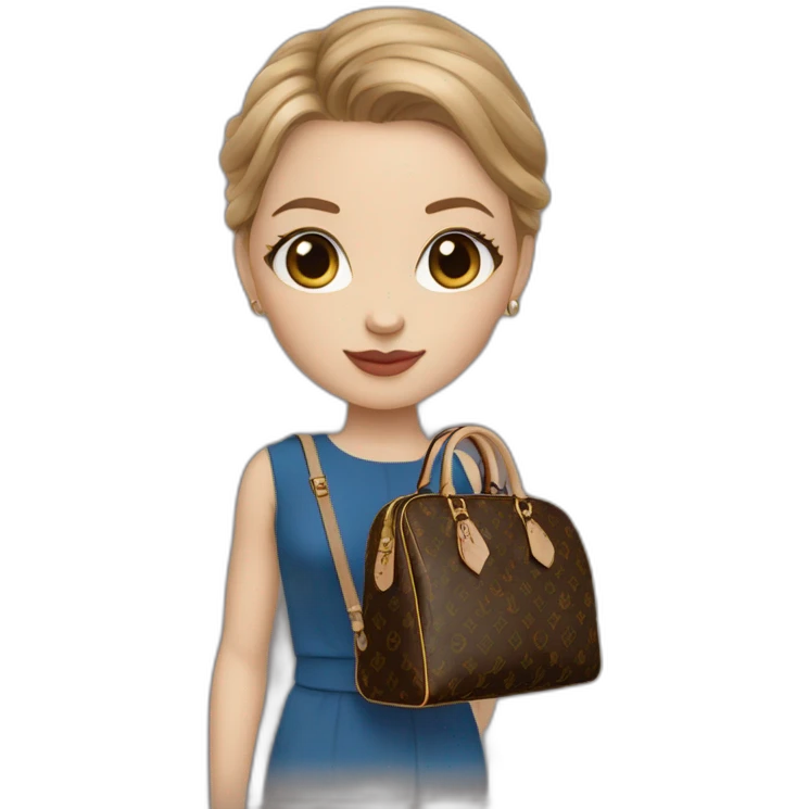 a girl with blue eyes and light brown hair, wearing gucci outfit and holding brown louis vuitton bag emoji
