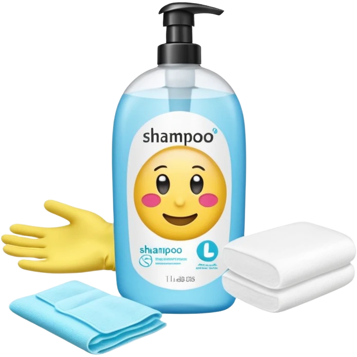 emoji of big (1L) bottle of shampoo, disposable gloves and cotton pads (for makeup) are standing on a table, products look like its always running out, and bran labels to them, make quantity bigger , and i want to see more disposable products emoji