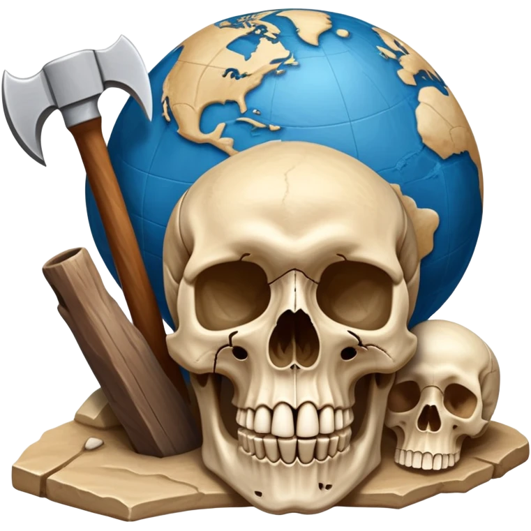 An icon featuring a human skull and fossilized bones, symbolizing the study of anthropology. The design includes archaeological tools like a pickaxe and brush, with a background of ancient artifacts and a globe. Transparent background emphasizes the exploration of human history and evolution. emoji