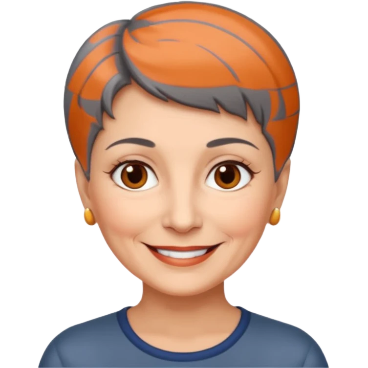 woman 60 years old, shaved short dark grey hair, brown eyes smile emoji