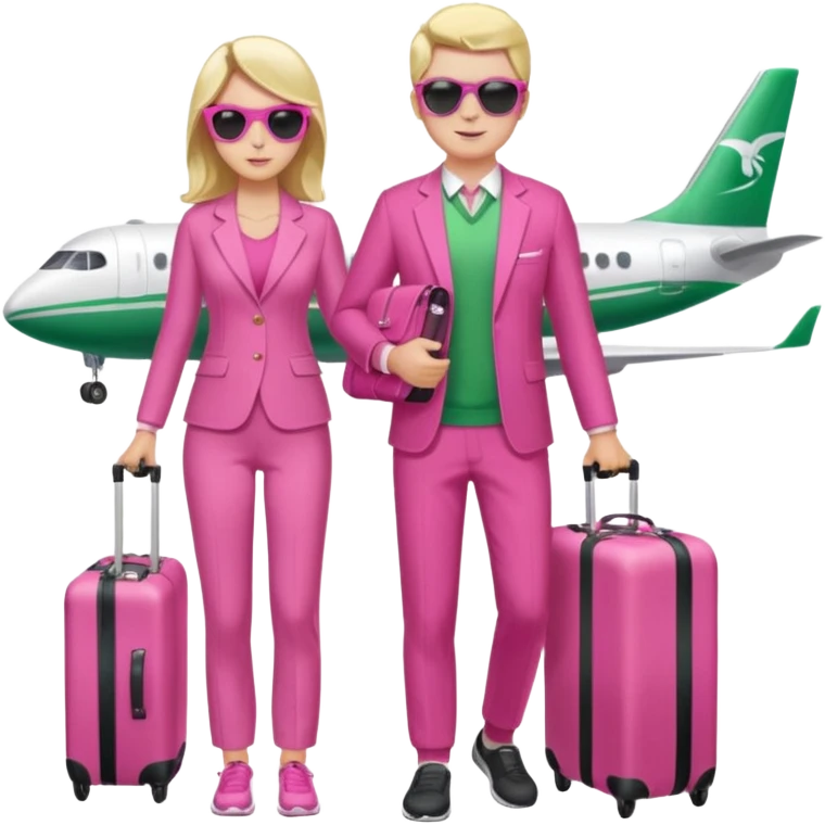 Девушка и мужчина вдвоем стоят в аэропорту с чемоданами. На фоне самолет в и табло с рейсами. Девушка в спортивном розовом , мужчина тоже в спортивном зеленом . Девушка держит дамскую сумку розовую. Мужчина держит фотоаппарат в руке и на нем солнцезащитные очки черного цвета  emoji