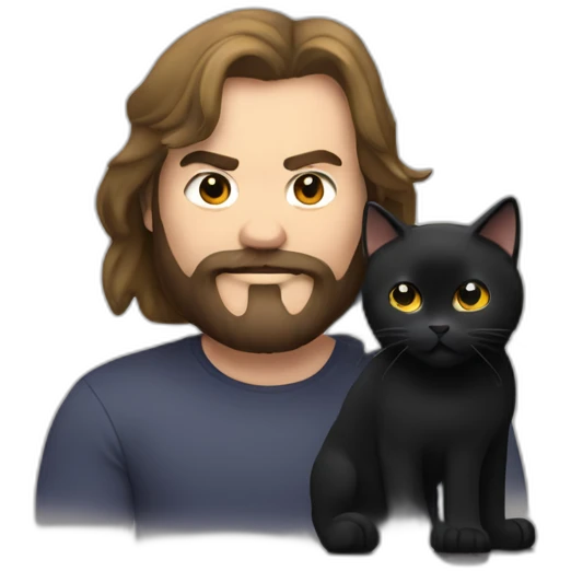Man with long hair and black beard, Caucasian, looks like Jack Black, with a black cat in his arms emoji