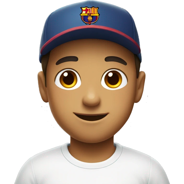 smiling boy in white shirt with Barcelona Cap emoji