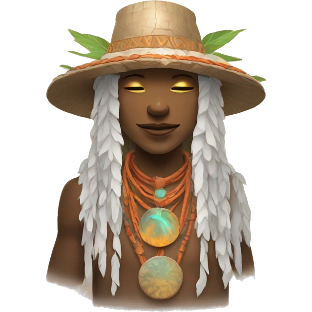 Shamanic rituals for influencing weather, shaman wearing bucket hat, sun is shining emoji
