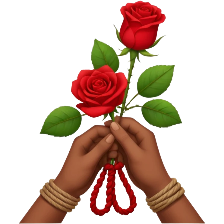 Brown hands tied together with a rope holding a rose emoji