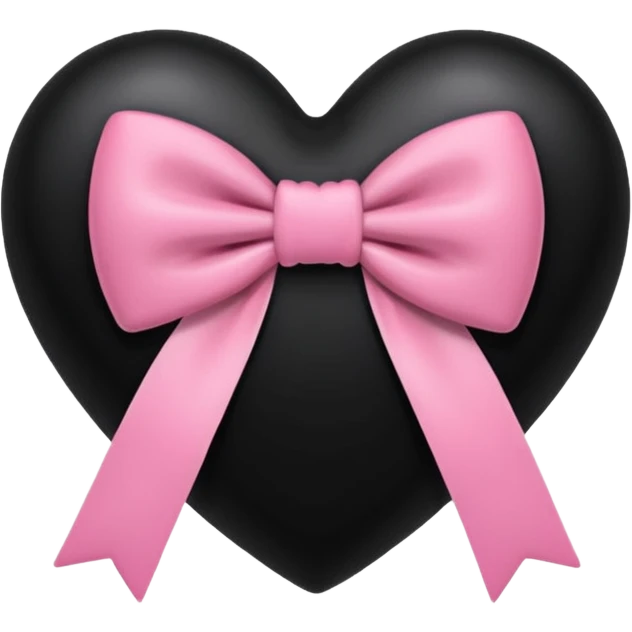 glossy plush black heart with a pink bow and heart pattern on the bow emoji