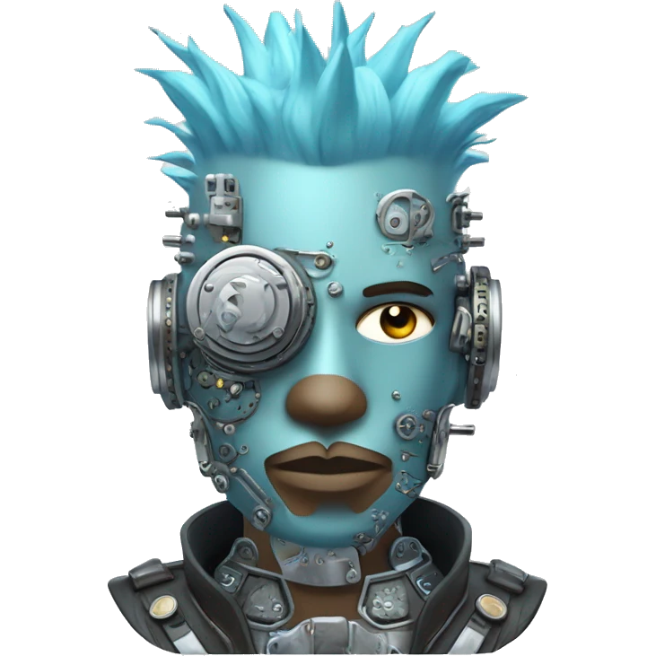 Pastel blue Mohawk cyborg head with silver steampunk goggles, goatee and circuits emoji