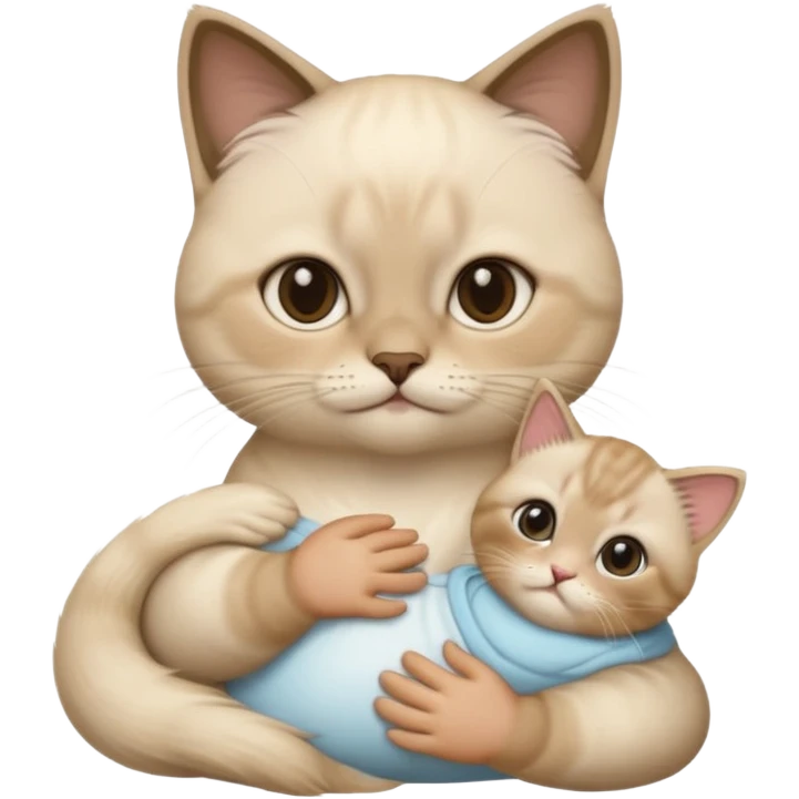 sacred Birman cat holding a baby named Lya with short dark blonde hair in its paws, emoji style emoji