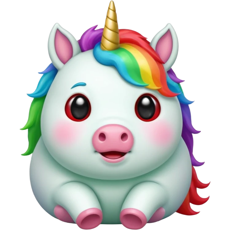 Small chubby unicorn in colours of jade green, black and red eyes, farting rainbow emoji