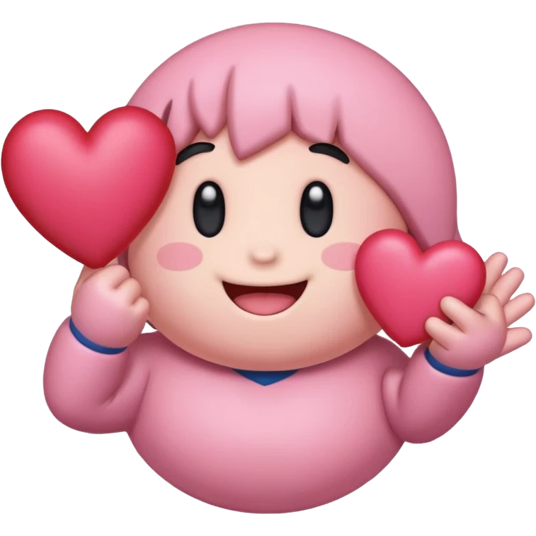 create a chibi sticker of Kirby smiling with a heart in his hands emoji