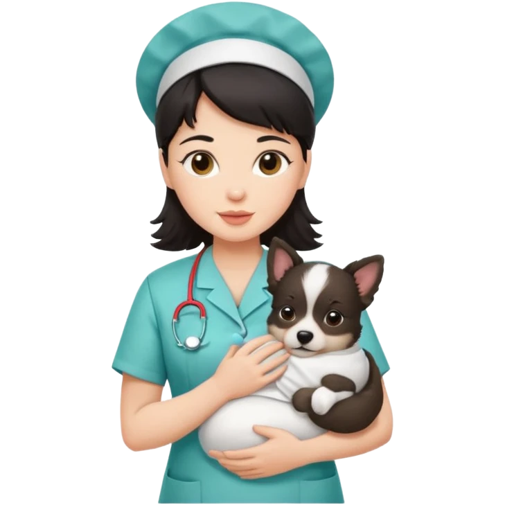 dark haired nurse holding baby dog emoji