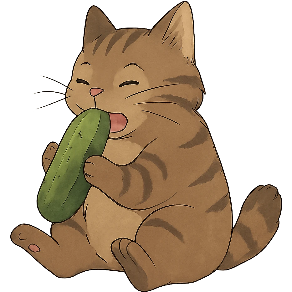 ghibli style cat eating a pickle emoji