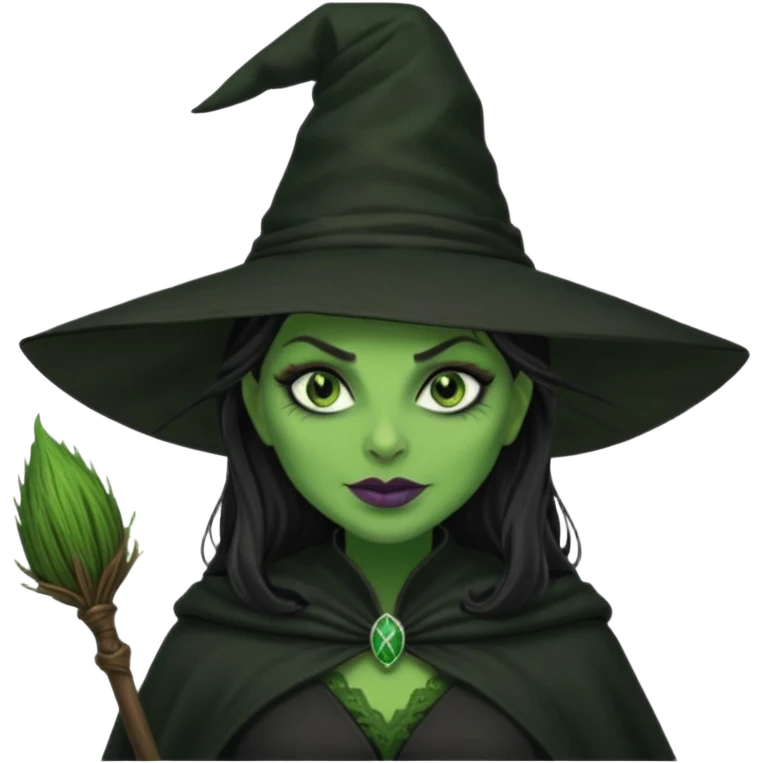 elphaba wicked witch with broom close up, evil dark coily long dark hair, green skin, thick green lips, cheekbones, smirk evil menacing cythia erivo dark aesthetic black hat cloak o emoji