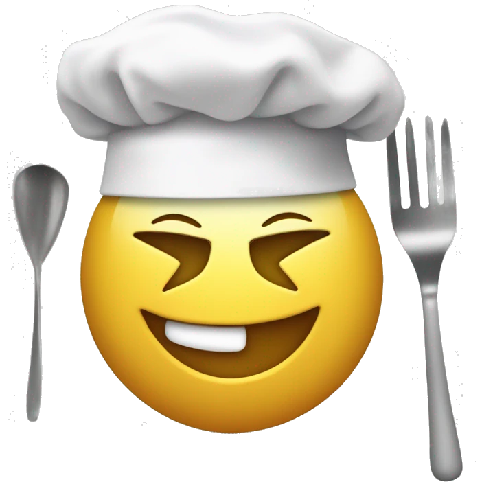 Create a Smiley face with one eye blinking, add a chef's white hat on its head, make the hat big enough, and show two hands where in one hand it is holding a spatula and mixing something in a bowl which is being held in its second hand. emoji